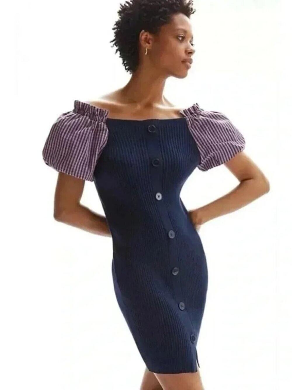 Maeve Anthropologie Ribbed Puff Sleeve Sweater Dress Navy Blue NEW - M